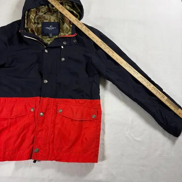 American Eagle Hooded Jacket XS Colorblock Red Navy Camo Lined Streetwear - Picture 8 of 10